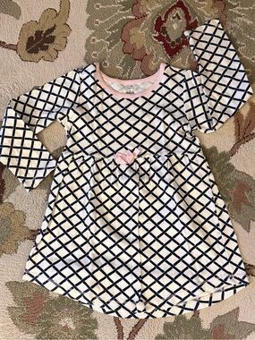 2 Girls Outfits -White Dress w/ Navy Lattice Print & Pink Trim & 2 pc shorts set